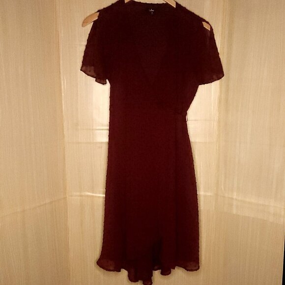 Lulus Red Maroon Womens Swiss Dot Short Sleeve Wrap Midi Dress Medium - Picture 4 of 10